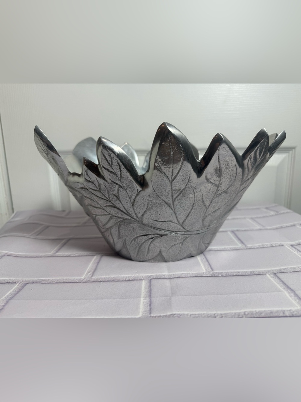 Pottery Barn Barona Silver Leaf Bowl Decorative Centerpiece 11” - Picture 2 of 13